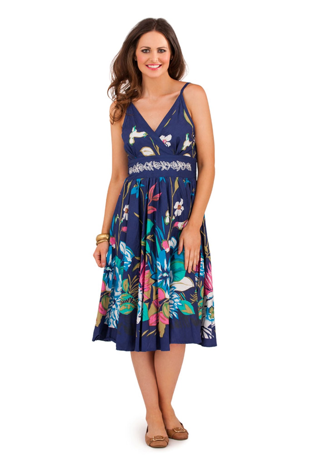 Womens 100 Cotton V Neck Below Knee Length Floral Summer Dress Ladies